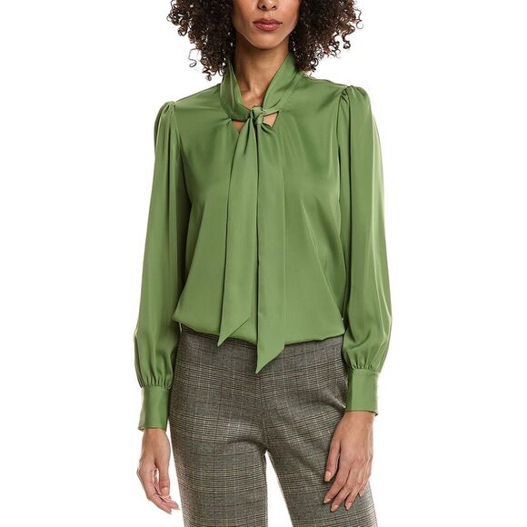 T Tahari Tops - T Tahari Womens  Bow Neck Tie Blouse, Green
